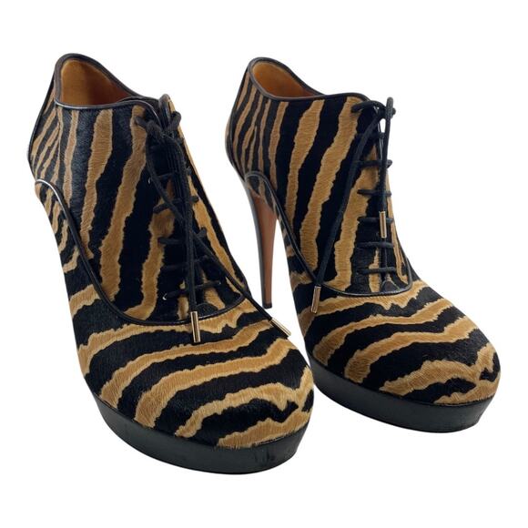 Gucci Zebra Print Pony Hair Leather Sz 10 EU 40 Lace Up Platform Bootie Heels - Picture 4 of 16